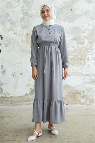 Tena Beli Lastikli Ayrobin Elbise - Gri