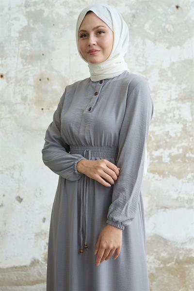 Tena Beli Lastikli Ayrobin Elbise - Gri