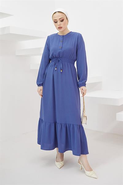 Tena Beli Lastikli Ayrobin Elbise - İndigo