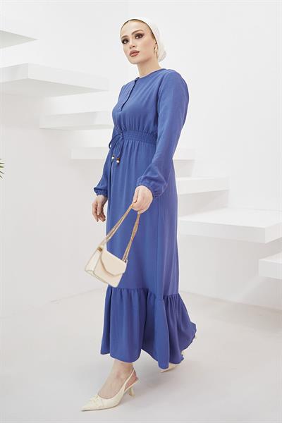 Tena Beli Lastikli Ayrobin Elbise - İndigo