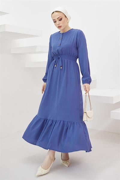 Tena Beli Lastikli Ayrobin Elbise - İndigo