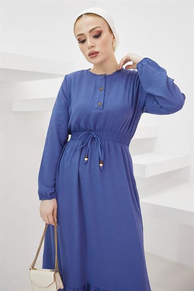 Tena Beli Lastikli Ayrobin Elbise - İndigo