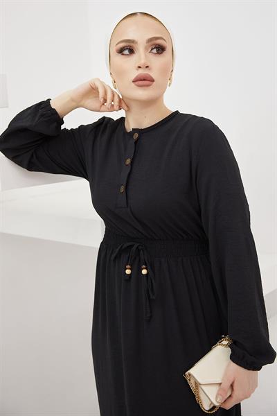 Tena Beli Lastikli Ayrobin Elbise - Siyah