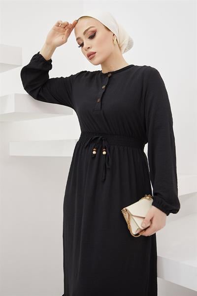 Tena Beli Lastikli Ayrobin Elbise - Siyah