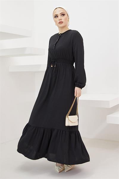 Tena Beli Lastikli Ayrobin Elbise - Siyah
