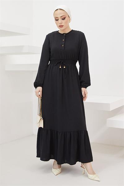 Tena Beli Lastikli Ayrobin Elbise - Siyah