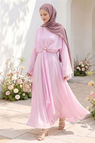 Tokalı Bolerolu Pembe Elbise