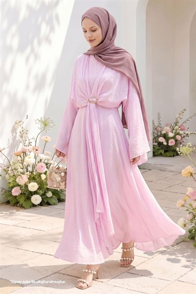 Tokalı Bolerolu Pembe Elbise