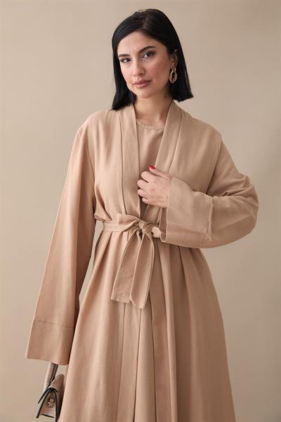 Truvakar Kol Abayalı Elbiseli Bej Takım
