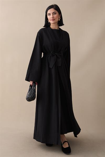 Truvakar Kol Abayalı Elbiseli Siyah Keten Takım