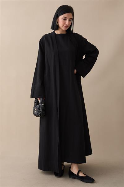 Truvakar Kol Abayalı Elbiseli Siyah Keten Takım