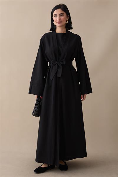 Truvakar Kol Abayalı Elbiseli Siyah Keten Takım