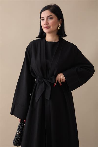 Truvakar Kol Abayalı Elbiseli Siyah Keten Takım