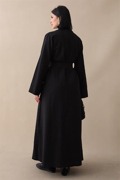 Truvakar Kol Abayalı Elbiseli Siyah Keten Takım