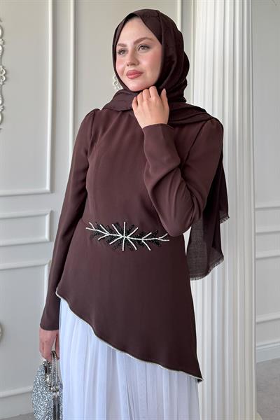 Tül Etekli Taş Detaylı Acı Kahve Elbise