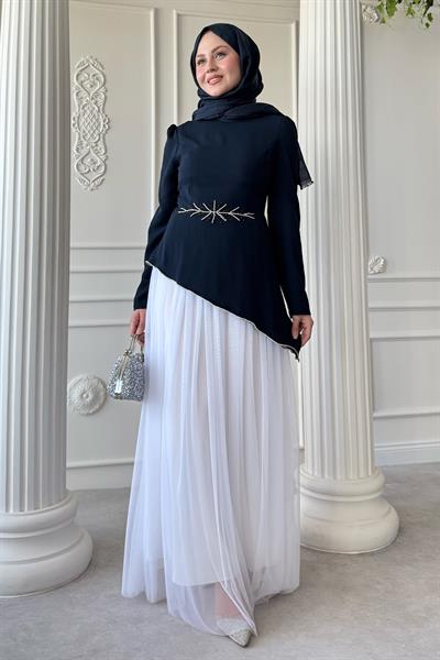 Tül Etekli Taş Detaylı Lacivert Elbise