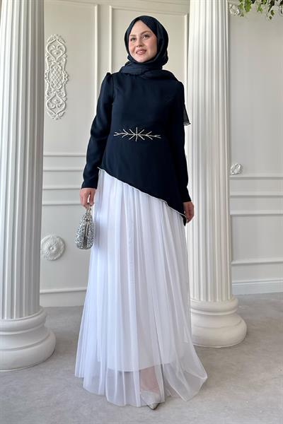 Tül Etekli Taş Detaylı Lacivert Elbise