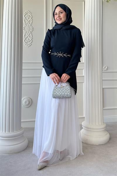 Tül Etekli Taş Detaylı Lacivert Elbise