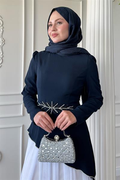 Tül Etekli Taş Detaylı Lacivert Elbise