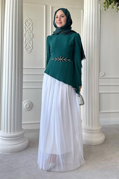 Tül Etekli Taş Detaylı Zümrüt Yeşili Elbise