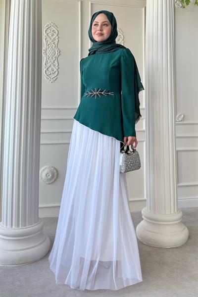 Tül Etekli Taş Detaylı Zümrüt Yeşili Elbise
