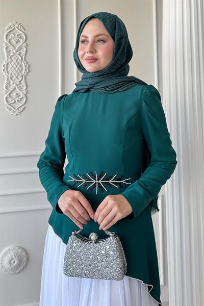 Tül Etekli Taş Detaylı Zümrüt Yeşili Elbise