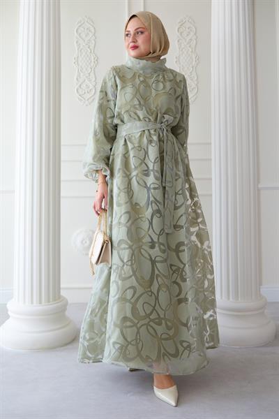 Tüllü Balon Kol Mint Yeşili Elbise