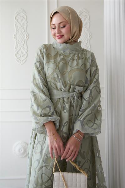 Tüllü Balon Kol Mint Yeşili Elbise