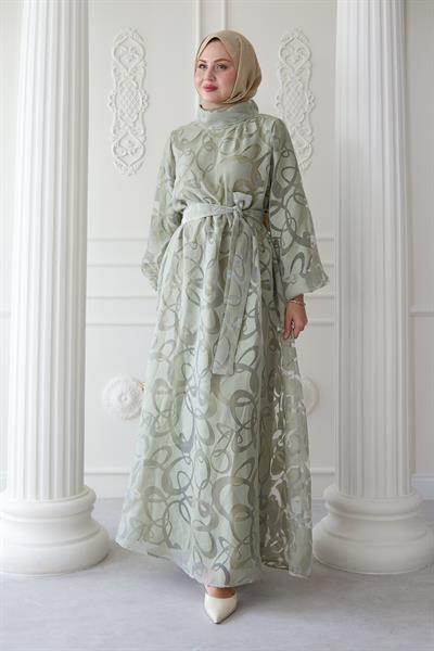Tüllü Balon Kol Mint Yeşili Elbise