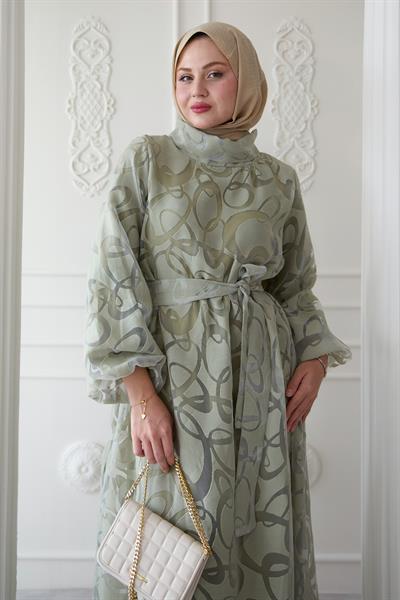 Tüllü Balon Kol Mint Yeşili Elbise