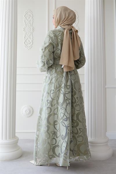 Tüllü Balon Kol Mint Yeşili Elbise