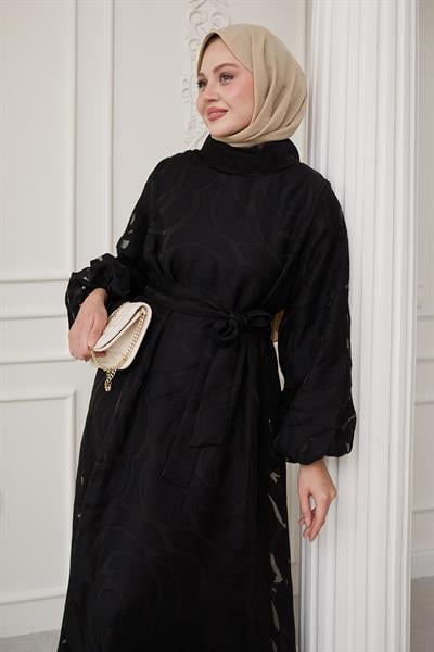 Tüllü Balon Kol Siyah Elbise
