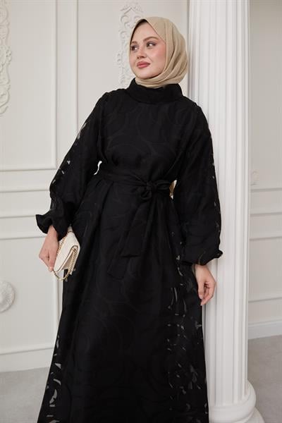 Tüllü Balon Kol Siyah Elbise