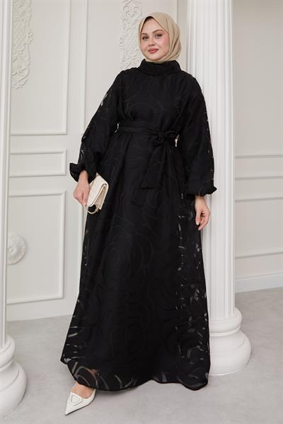 Tüllü Balon Kol Siyah Elbise