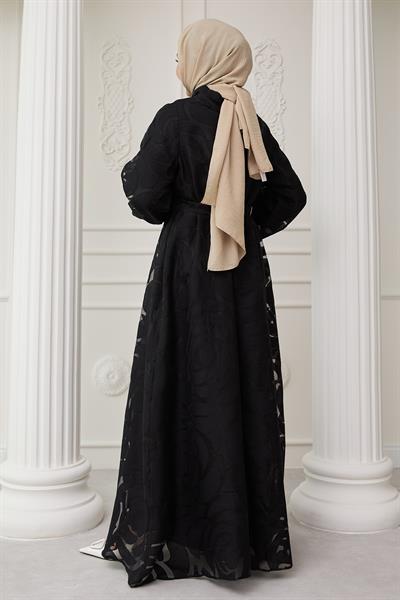 Tüllü Balon Kol Siyah Elbise