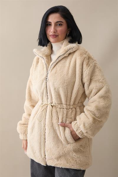 Tünel Bağcıklı İçi Astarlı Peluş Mont - Bej