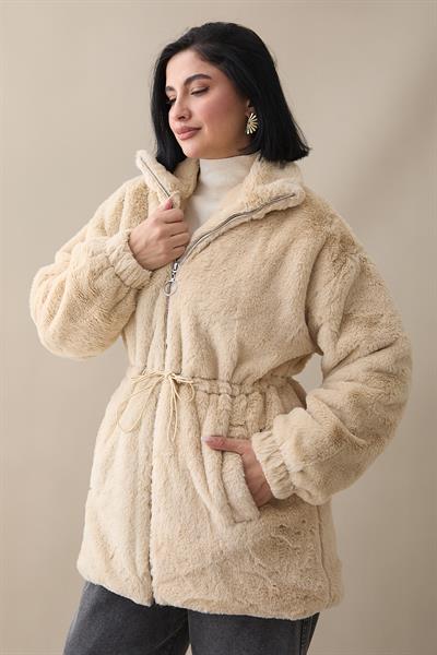 Tünel Bağcıklı İçi Astarlı Peluş Mont - Bej