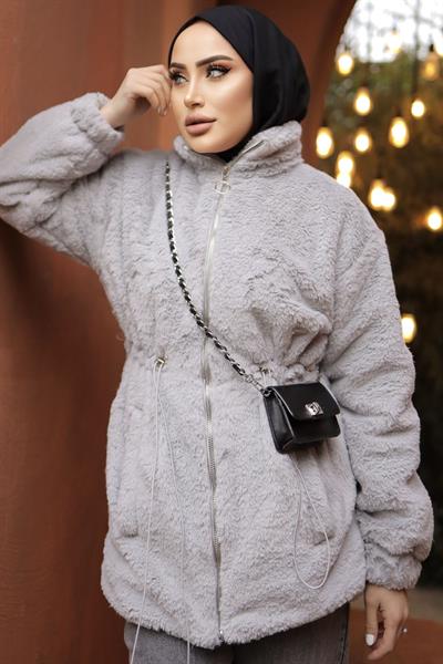 Tünel Bağcıklı İçi Astarlı Peluş Mont - Gri