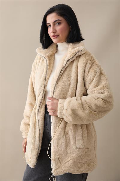 Tünel Bağcıklı İçi Astarlı Peluş Mont - Bej