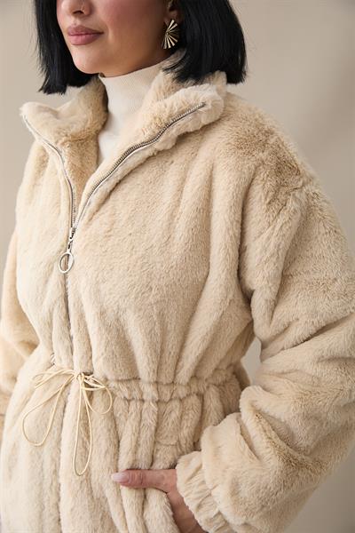 Tünel Bağcıklı İçi Astarlı Peluş Mont - Bej