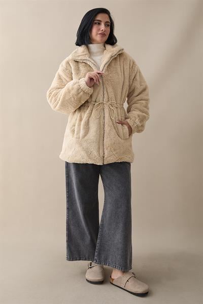 Tünel Bağcıklı İçi Astarlı Peluş Mont - Bej
