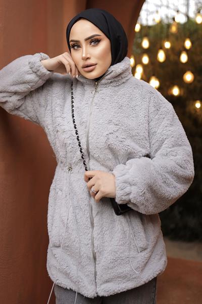 Tünel Bağcıklı İçi Astarlı Peluş Mont - Gri