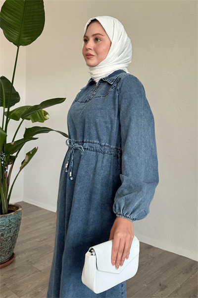 Tünel Kemerli Fermuarlı Mavi Kot Elbise