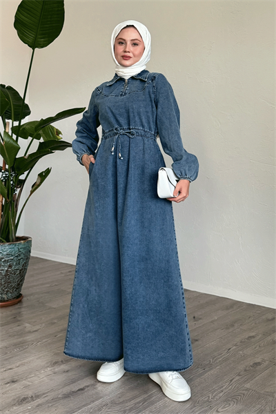 Tünel Kemerli Fermuarlı Mavi Kot Elbise