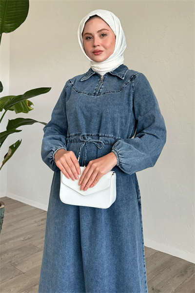 Tünel Kemerli Fermuarlı Mavi Kot Elbise