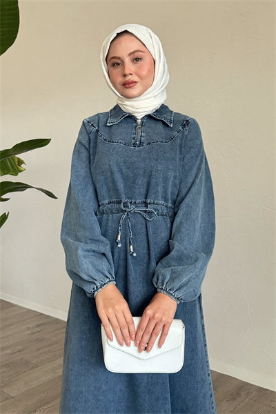 Tünel Kemerli Fermuarlı Mavi Kot Elbise