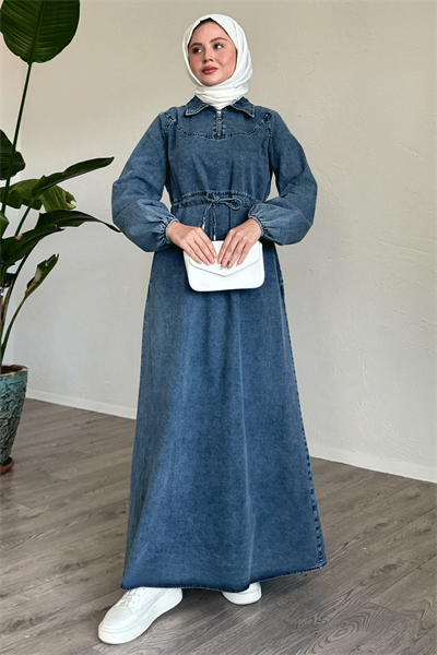 Tünel Kemerli Fermuarlı Mavi Kot Elbise