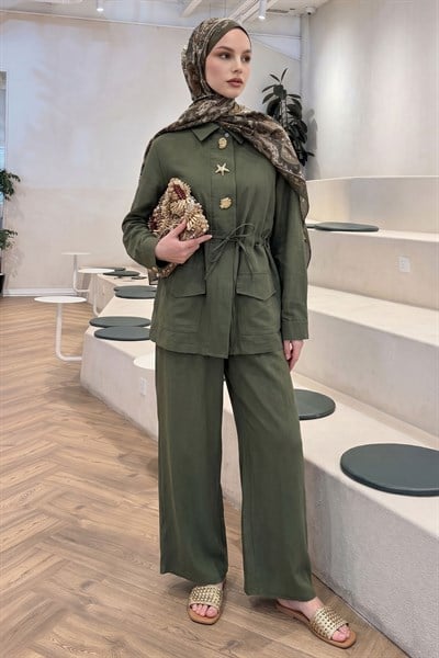 Tünel Kemerli Pantolonlu Haki Takım
