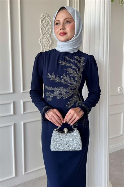 Taş Yaka Tüylü Kol Lacivert Abiye