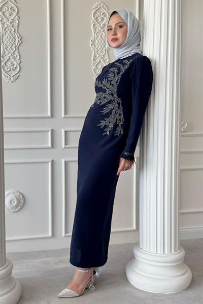 Taş Yaka Tüylü Kol Lacivert Abiye
